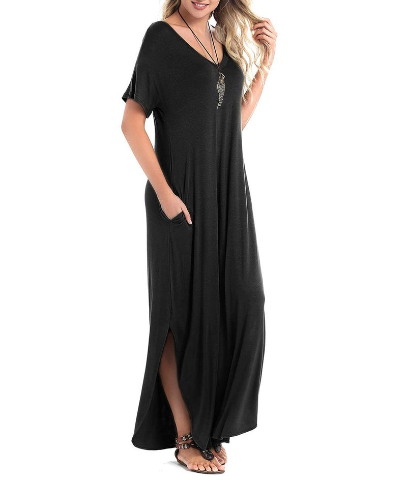 Arolina Women Summer Maxi Dress Short Sleeve V Neck Casual Loose Long Split Dresses Beach Vacation Sundress with Pockets Black - Image 3